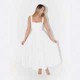 European And American Solid Color Square Collar Sleeveless Fitted Waist Backless Camisole Dress