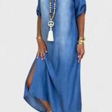 Lea | Lang Kjole i Denimlook med Sideslids