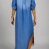 Lea | Lang Kjole i Denimlook med Sideslids