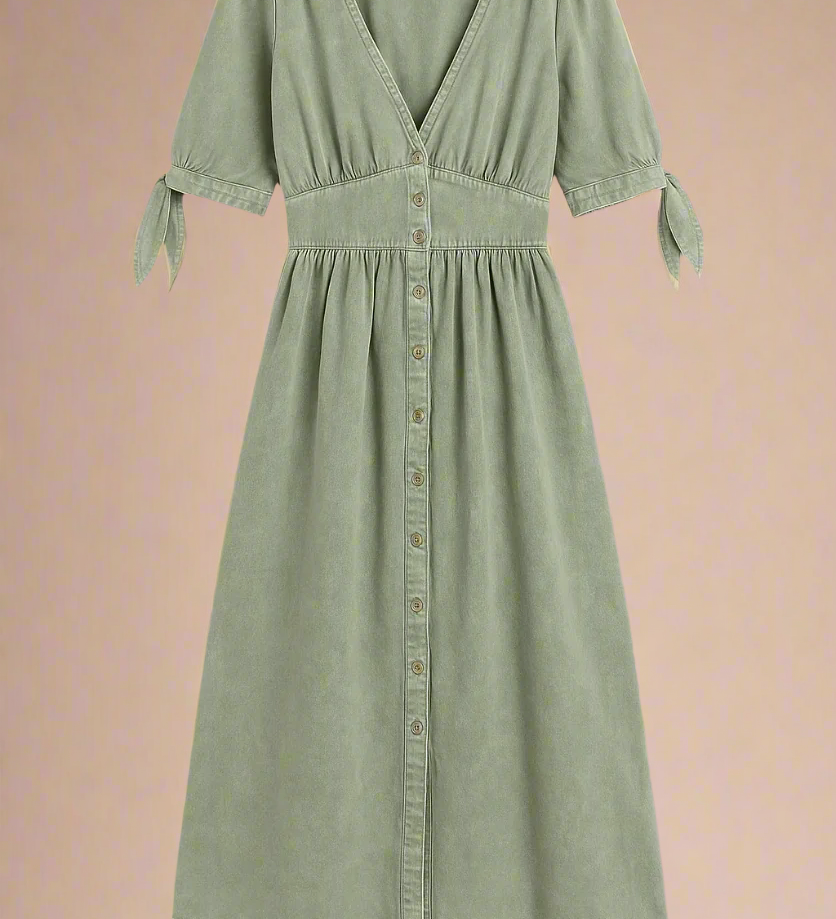 Celina Kjole | Lang denimkjole med knapper og markeret talje