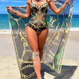 Darius | Push-up badedragt i ét stykke med dekorative kædedetaljer og strandnederdel