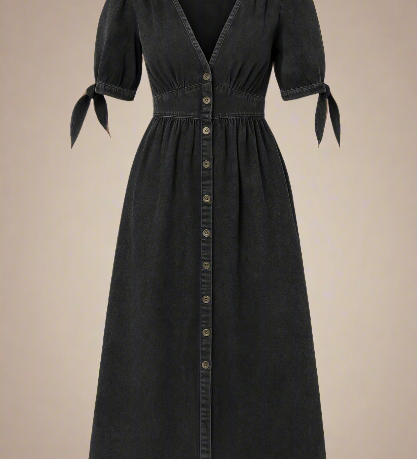 Celina Kjole | Lang denimkjole med knapper og markeret talje