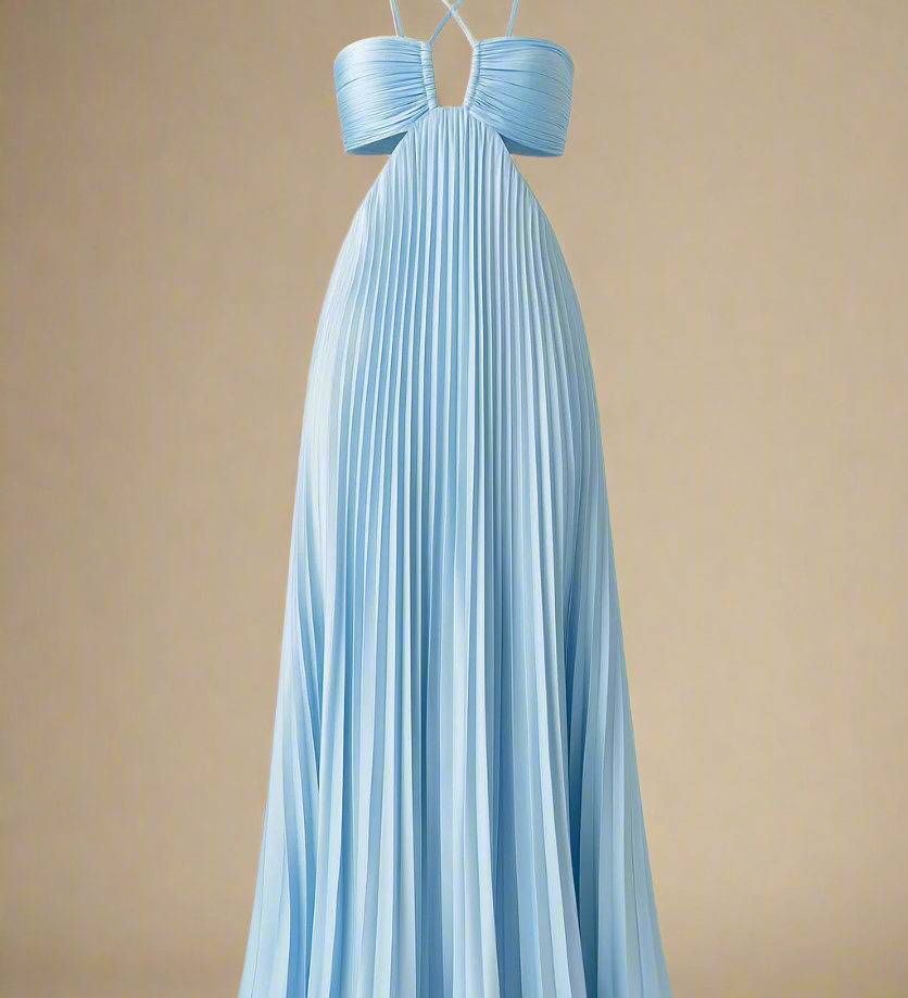 SOFIE KJOLE | Lang plisseret kjole med krydsstropper og struktureret bryst