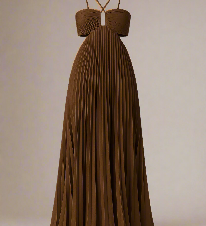 SOFIE KJOLE | Lang plisseret kjole med krydsstropper og struktureret bryst