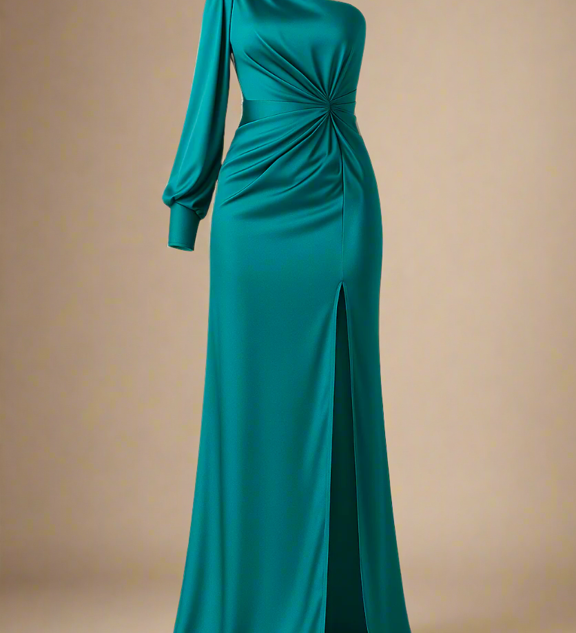 Elira Kjole | Satin gallakjole med én lang ærme