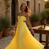 SOFIE KJOLE | Lang plisseret kjole med krydsstropper og struktureret bryst