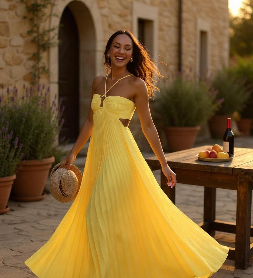 SOFIE KJOLE | Lang plisseret kjole med krydsstropper og struktureret bryst