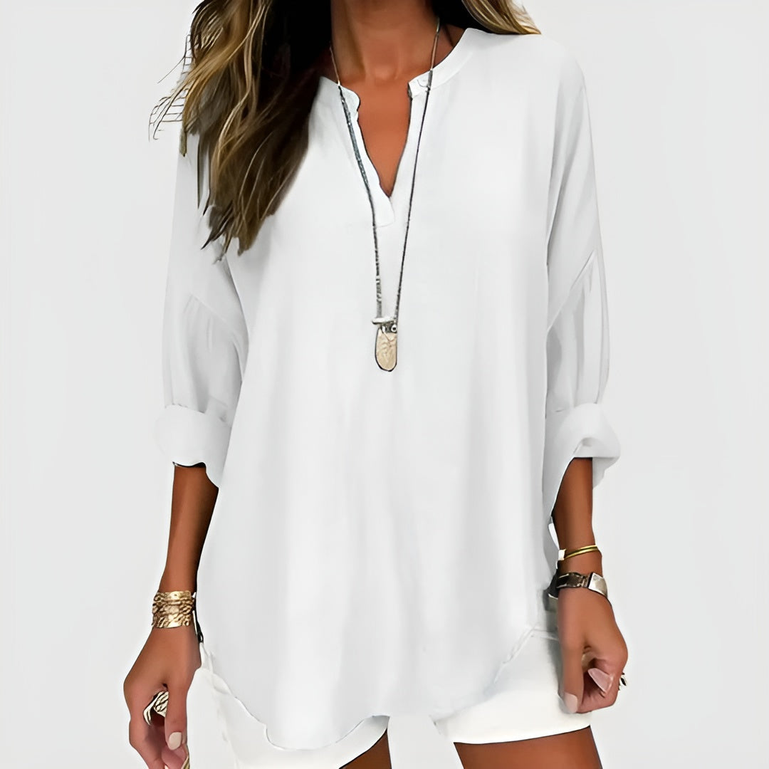 Sofie™ – Blå hørbluse med tidløst udtryk