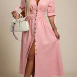 Celina Kjole | Lang denimkjole med knapper og markeret talje