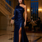 Elira Kjole | Satin gallakjole med én lang ærme